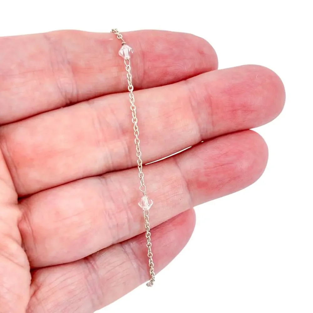 Vintage Sterling Silver 925 Dainty Crystal Station Chain Bracelet 7.5